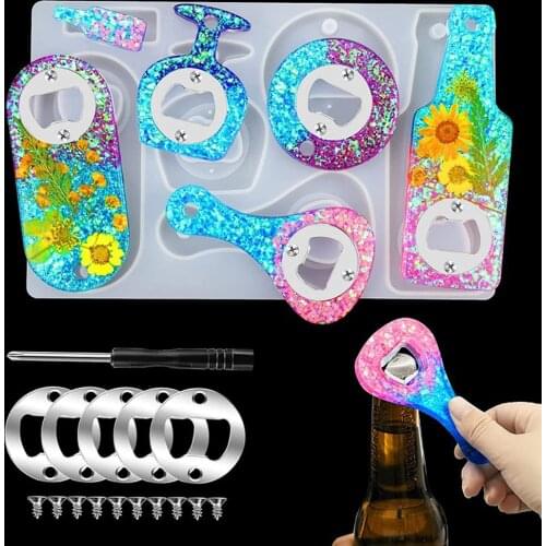 DIY Crystal Epoxy Resin Silicone Mold For Beer Opener Bottle Spanner Handmade Epoxy Resin Casting with Stainless Steel Acceories