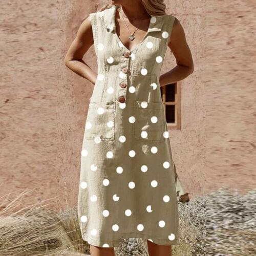 Vintage Women Summer Pockets Midi Dress Polka Dot Button Boho Sundress Beach Plus Size 2XL Top Casual Dresses Elegant Vestido