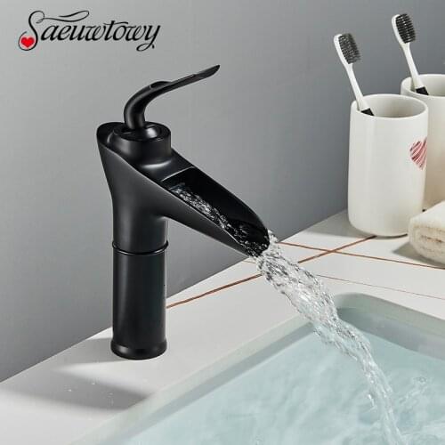 Bathroom Waterfall Basin Sink Faucet Hot Cold Water Basin Mixer Tap Deck Mounted Matte Black Single Handle Crane Short/High Type