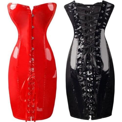 Sexy Long Corset Dress Wetlook PVC Letaher Steampunk Lace Up Waist Corset and Bustier Bodycon Slim Body Shaper Corsets Culbwear