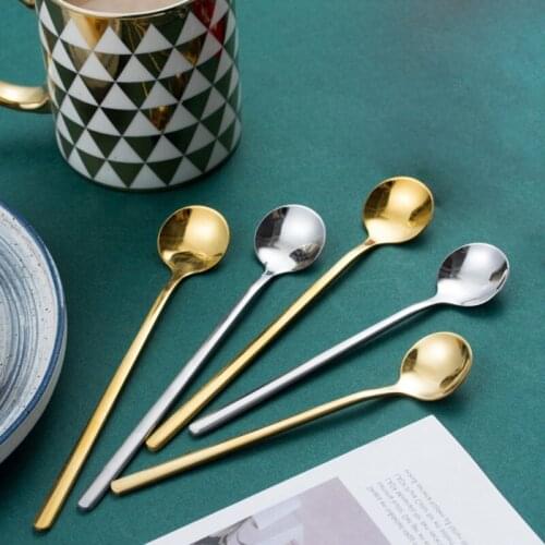 Gold Plated Stainless Steel Espresso Spoons Teaspoons Round Head Long Handle Coffee Sugar Dessert Cake Ice-Cream Soup Spoons