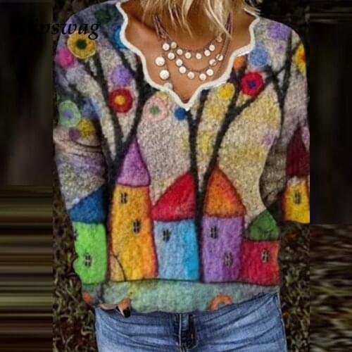 Women Winter Geometric Print Sweater Jumper 2021 Spring Casual Elegant V Neck Knitted Sweaters Ladies Long Sleeve Tops Pullover