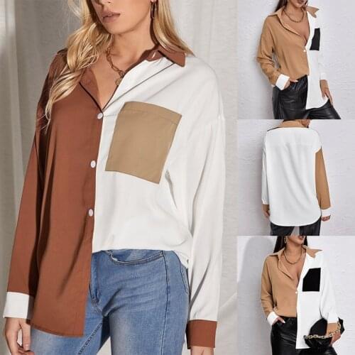 Spring Loose Slim Shirt Stitching Fashion Contrast Color Pocket Long-Sleeve Shirt