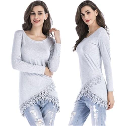 2020 Spring New Fashion Temperament Boutique Womens Solid Color Round Neck Irregular Long-sleeved Tassel Stitching T-shirt Gray