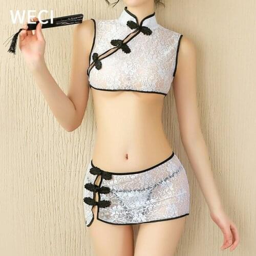 WECI Womens Sexy Uniform Cheongsam Suit Lace Printed Lingerie Temptation Cute Chest Top Short Miniskirt Three-Point Transparent
