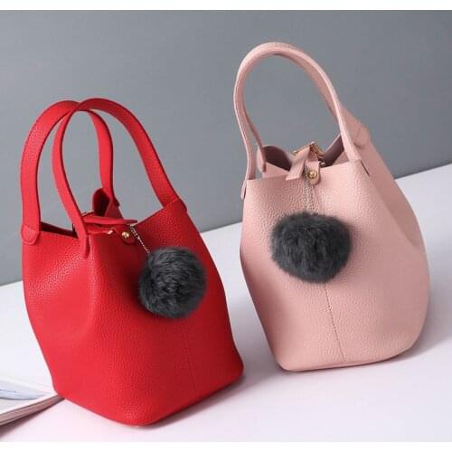 Ladies Girls Casual Solid Color Bag Plush Ball Decor Bucket Bags Popular Fashion Autumn Winter Women PU Leather Handbag FA$3