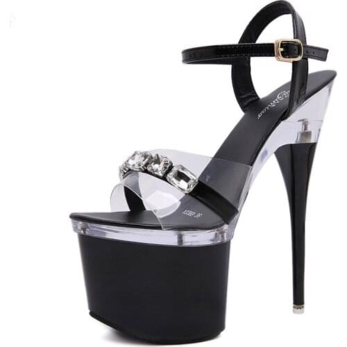 Sandalias Womens Sandals Ladies Pumps PVC Buckle 17.5CM Thin High Heels Open Toed waterproof platform Rhinestones shoes woman