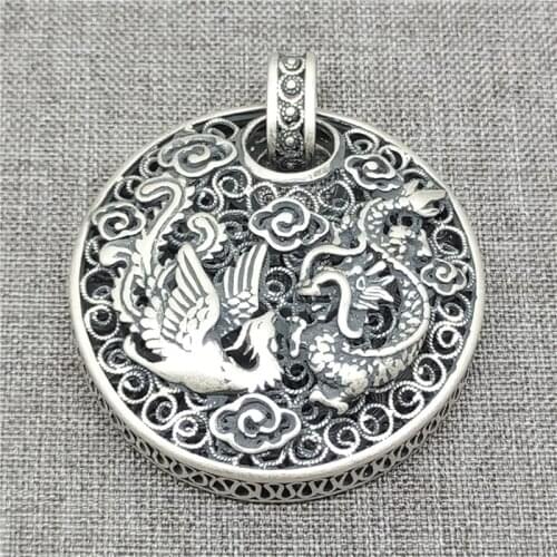 925 Sterling Silver Phoenix & Dragon Round Pendant for Necklace
