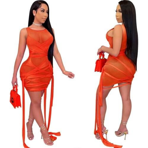 Women Drawstring Patchwork Sleeveless Midi Mesh See Though Dress Streetwear Sexy Above Knee Mini Bodycon Dresses