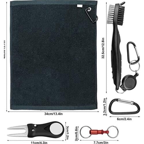 2 Pack Microfiber Golf Towels Brush Tool Kit with Carabiner Clip Towel Groove Cleaner Brush with Ball Marker Pull-Apart Key Ring