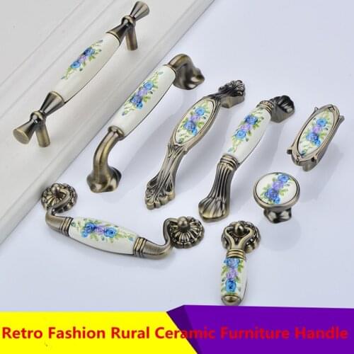 96mm 128mm American Retro style fashion printing ceramic kitchen cabinet cupboard door handle antique brass drawer cabinet knob