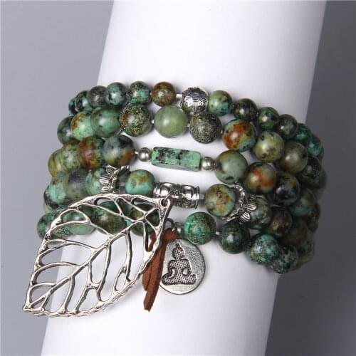 Natural African Turquoises Bracelets For Women Men 6 8 10mm Stone Beads Bracelet Alloy Ball Leaf Charm Vintage Exquisite Jewelry