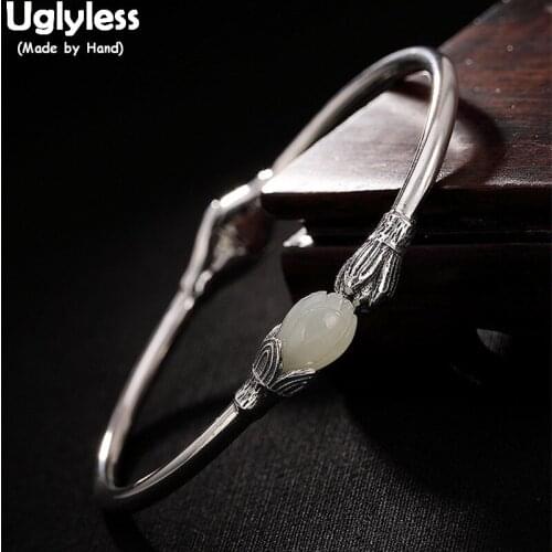 Uglyless 100% Real 925 Sterling Silver Flower Open Bangles for Women Natural Jade Magnolia Bracelets Thai Silver Fine Jewelry
