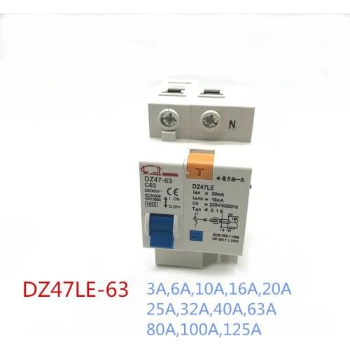 Household earth leakage switch 4500A breaking capacity DZ47-63 DZ47LE 1P+N 3A-63A-125A residual current circuit breaker
