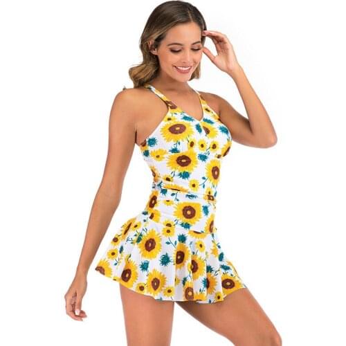 One Piece Swimsuit with Skirt Floral Sunflower Print Swimming Suit for Women Monokini Mujer 2021 Beachwear Large Plus Size 3XL