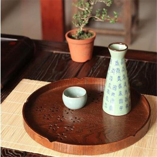 Home Tea Tray Round Natural Wood Serving Tray Snack Plate Tea Breakfast Bread Tray Hollow Out Fruit Desktop Tray Gadgets Gift