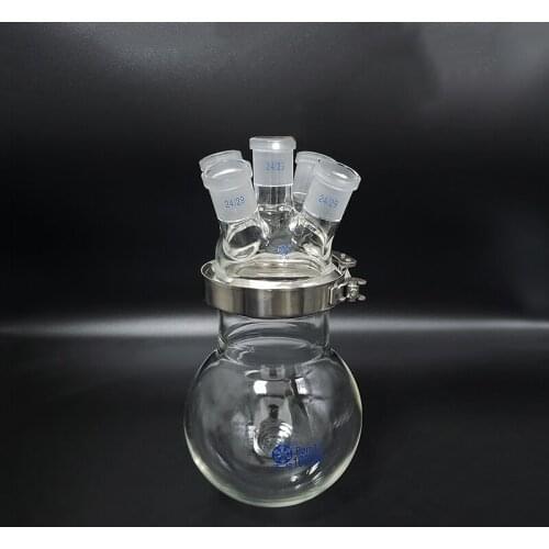 Single-layer spherical round bottom four oblique necks open reactor bottle 1000ml,100mm flange,Iron clip,Main 24/29,Side 24/29