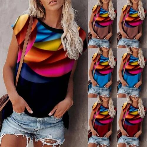 Women Print T-Shirt Summer Casual Short Sleeve O-Neck Pullover Gradient Tops Ladies Streetwear Blue Shirt Casual Women Clothes