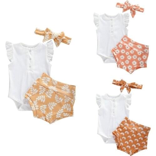 0-24M Newborn Infant Baby Girls Floral Outfits Short Sleeve Romper Shorts Headband Set