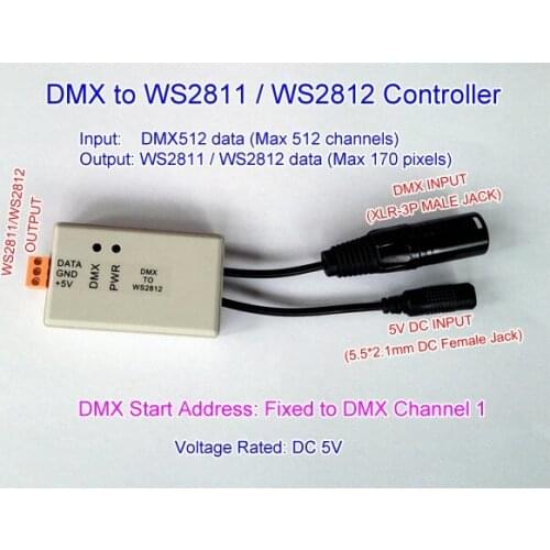 DMX to WS2811 Controller, DMX512 to WS2812/WS2812B controller up to 170 pixels. DC 5V. DMX start address is fixed to channel 1