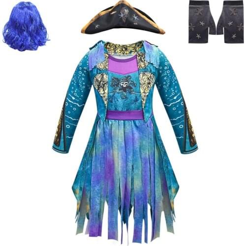 Hot Descendants 3 Mal&Uma Ursula Daughter Braids Long Green Black Dreadlocks kids Cosplay Wig+dress halloween costume for Girls