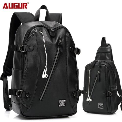 AUGUR Fashion Men Women Backpacks PU Leather Earphone Hole Travel Waterproof 15.6 inch Laptop Backpack Teenager Student school