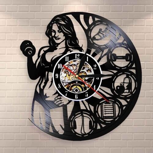 Muscletech Lady Builder Muscle Women Female Bodybuilder Weightlifting Wall Art Clock Crossfit Workout Vinyl Record Wall Clock