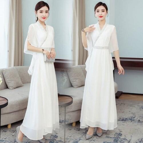 2021 Spring/Summer New Elegant Embroidered Trumpet Sleeve Zen Dress Cross Collar Improved Hanfu Slim Chiffon Retro Dress zh421