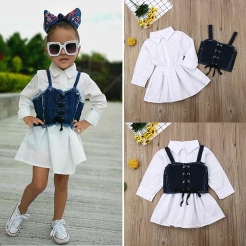 Newborn Baby Girl Clothes Long Sleeve Sling Shirt Dress+Denim Tank Summer Fashion Girl Clothes Set