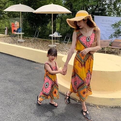 Family Matching Clothes Mom and Daughter Same Dresses Baby Girl Sleeveless Crew Neck Tank Top Dress Kids Bohemian Resort Style