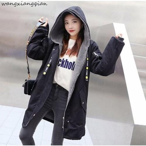 Autumn winter new printing thickening hooded jacket women Medium length Korean long sleeve wild straight cotton coat Female A509