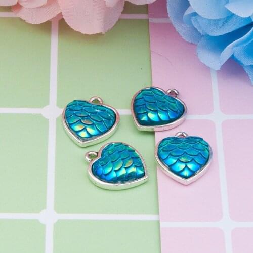 Mermaid series Handmade Blue AB color fish Flake Resin Patch heart Zinc alloy Pendants For Woman DIY Necklace Jewelry Gif