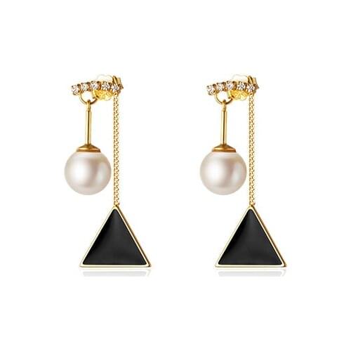 Real. 925 Sterling Silver Fine Jewelry Black Enamel Triangle &Shell Pearl CZ Bar Piercing ear earrings Tassel Dangle C-G9298
