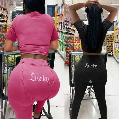 2021 Sexy Women Summer Slim Pure Black 2-Piece High Waist Fashion Button Hole Pants + O-Neck Female Short Sleeve Top Tight suit