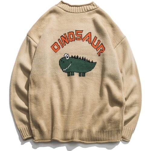 Japan and South Korea cute dinosaur sweater mens winter pullover oversized pullover men and women khaki black student sweater