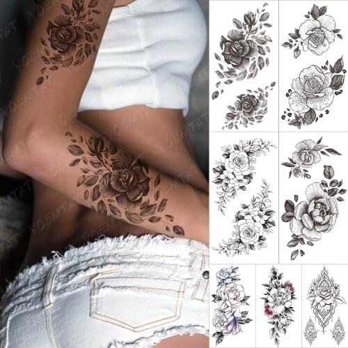 Waterproof Temporary Tattoo Sticker Black Realistic Rose Tatto Flowers Line Peony Henna Body Art Arm Fake Sleeve Tatoo Women