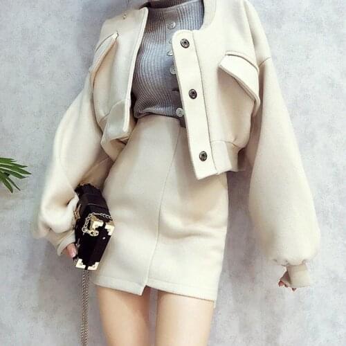 Women Skirt Suits Baseball Batwing Sleeve Tops Short Coats Loose Blazer Jackets Skirts Two Pieces Set Lady Female CC162