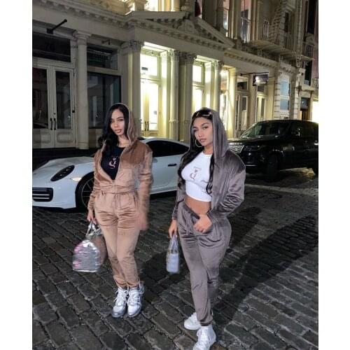 Women Velvet Two Pieces Set Autumn Solid Long Sleeve Zipper Hooded Coat High Waist Lace-up Pants Female Workout Clothes Outfits