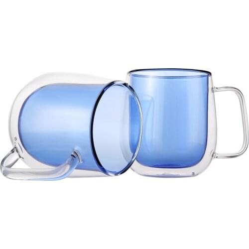 2pcs/set 350ml Double Wall Glass Blue Cup Heat Resistant Coffee Mug with Handle Insulated Clear Cold-Hot Milk/Tea/Beer/Whiskey