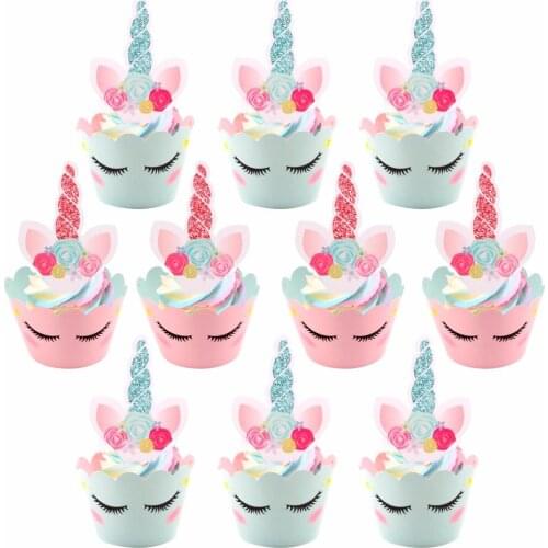 24pcs Pink Flamingo Unicorn Cake Toppers Rainbow Unicorn Birthday Cake Wrappers Happy Birthday Cake Decor Unicorn Party Supplies