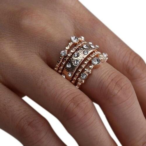 5 Pcs/Set Crystal Simple Rhinestone Rings Rose Gold Rings Creative Engagement Party Rings Set For Women Fashion Jewelry
