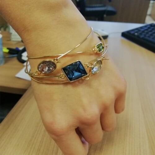 New Trendy Geometric Colorful Stone Rose Blue Green Openable Thin Bangle 4 pcs Set Statement Gorgeous Jewelry Accessory