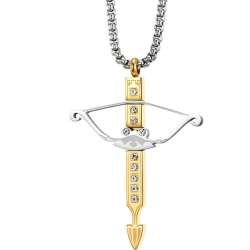 Fashion Stainless Steel Bow and Arrow Pendant Necklaces for Men Boy Crystal Poaching Punk Jewelry 24Inch