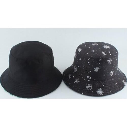 Black Constellation Stars Print Bucket Hat Cap Reversible Hip Pop Street Unisex Bucket Hat Summer Sun Hats for Women Men