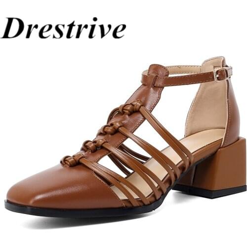 Drestrive Genuine Leather Women Sandals Square Toe Thick Heel Buckle 2021 Summer High Heel Shoes Cow Leather Black