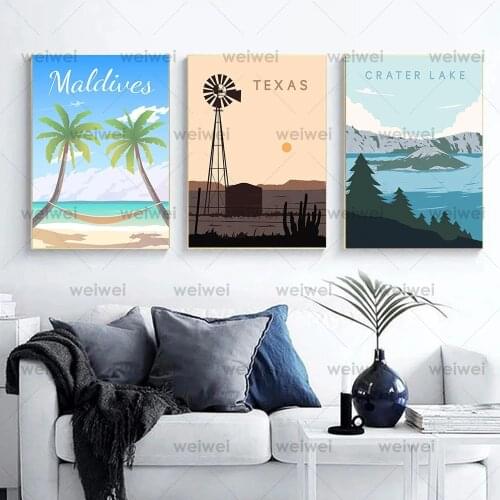 Hd Print Canvas Art Painting Japan Morocco Texas Norway Maldiues Ireland Vintage Travel Cities Landscape Poster Wall Art Picture