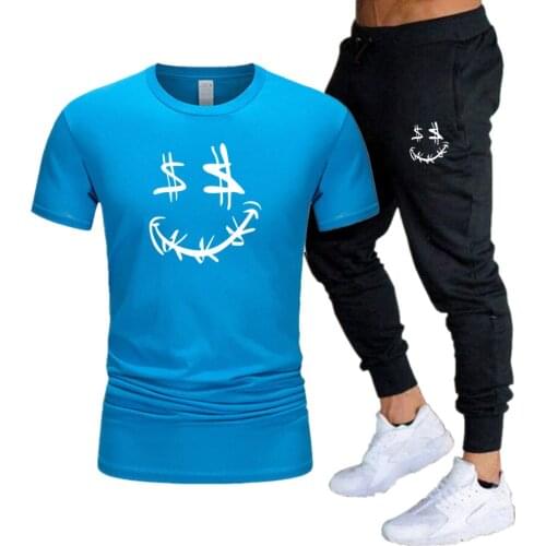 Money Smile Face Printing Short Sleeve Cotton Summer Tracksuit T-shirt Oversized Sports Trousers Hip-Hop Custom Set Streetwear