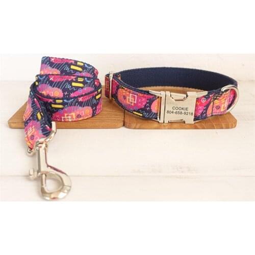 Personalized Pet Collar Customized Nameplate ID Tag Adjustable Blue Scrawl Cat Dog Collars Lead Leash Set