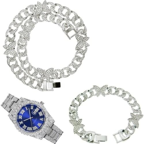 Hip Hop 3pcs kit 12MM Iced Out Paved Rhinestones CZ Full Miami Curb Butterfly Cuban Necklace+Watch+Bracelet For Men Jewelry