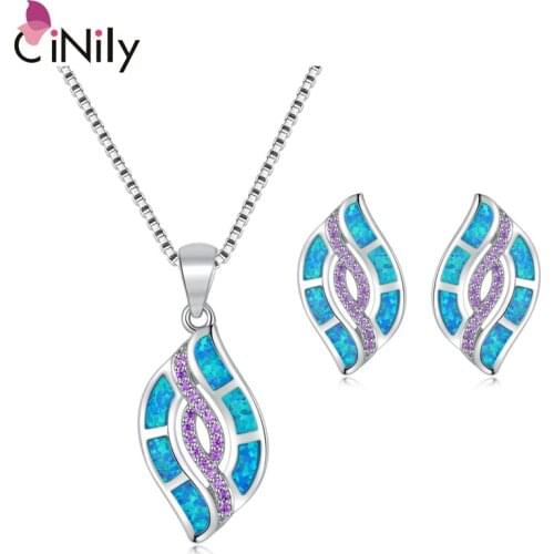 CiNily White Blue Fire Opal Purple Stone Jewelry Set Silver Plated Necklaces Pendants & Drop Earrings Best Gifts for Girl Woman